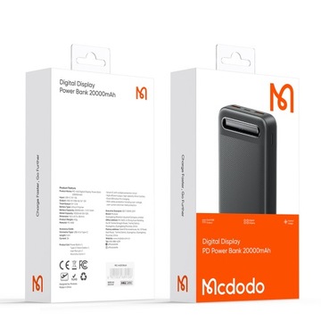 MCDODO POWERBANK 20000 МАЧ С ДИСПЛЕЕМ 2X USB USB-C 2A 10 Вт + КАБЕЛЬ USB-C