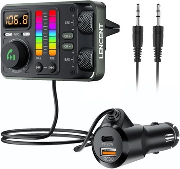 Nadajnik samochodowy Bluetooth 5,3 FM, odtwarzacz Hi-FI Treble & Bass