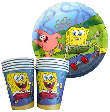 SPONGEBOB KUBKI + TALERZYKI zestaw 20 szt. urodziny Patryk Kanciastoporty