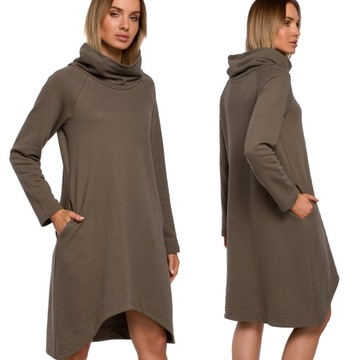 DRESOWA DAMSKA KOBIECA SUKIENKA ASYMETRYCZNA MIDI TRAPEZOWA KHAKI S 36