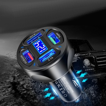 БЫСТРОЕ АВТОМОБИЛЬНОЕ ЗАРЯДНОЕ УСТРОЙСТВО 4x USB QC 66 Вт + 3 В 1 USB C МИКРОКАБЕЛЬ ДЛЯ ОСВЕЩЕНИЯ