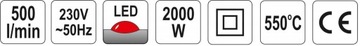 ЭЛЕКТРИЧЕСКАЯ ТЕПЛОВАЯ ПИСТОЛА 2000ВТ СВЕТОДИОДНЫЙ КОРПУС + НАСАДКИ