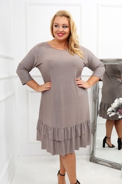 Beżowa Sukienka Koktajlowa Plus Size z falbanką r. 46/48