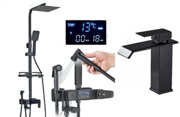 Bateria prysznicowa czarna TERMOSTAT LCD - Zestaw