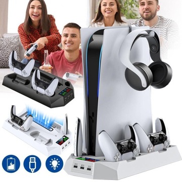 PIONOWY STOJAK KONSOLI PS5 Z WENTYLATOREM, STACJA CHŁODZĄCA Z 3 PORTAMI USB