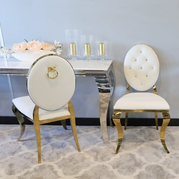 Krzesło Ludwik II Gold glamour white z kołatką złote pikowane kryształkami