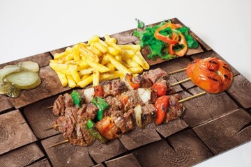 Доска СТЕКЛЯННАЯ для подачи закусок-ГРИЛЬ, мясо, мотив дерева, 40х30см