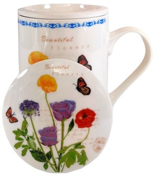 KUBEK Z ZAPARZACZEM CERAMICZNYM I POKRYWKĄ ZAPARZACZ W KWIATY 320ML PREZENT