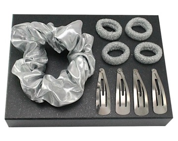 KOMPLET OZDÓB SPINKI GUMKA SCRUNCHIE SILVER 9 SZT