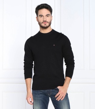 sweter meski tommy hilfiger czarny okrągły dekolt małe logo bawełniany