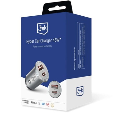 ŁADOWARKA SAMOCHODOWA 45W USB + USB-C TYP C SZYBKA MAŁA 3MK HYPER SREBRNA