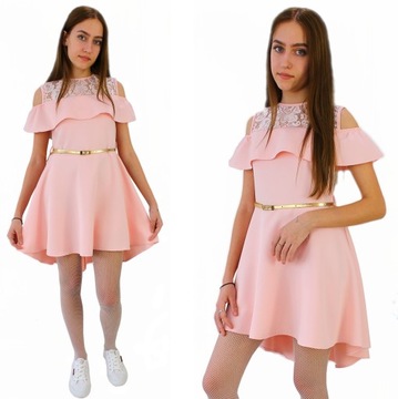 WIZYTOWA ŁOSOSIOWA GALOWA SUKIENKA Z PASKIEM 158