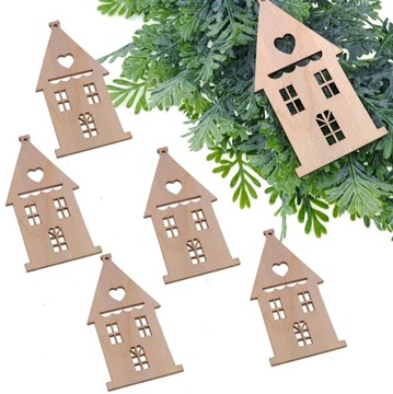 ZAWIESZKI DREWNIANE OZDOBY DOMKI z sercem ŚWIĘTA DEKOR 5SZT