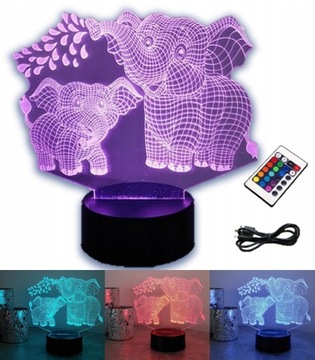 LAMPKA NOCNA SŁONIK SŁOŃ 3D LED KOLORY RGB PILOT