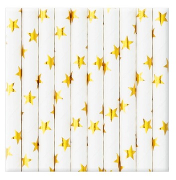 Одноразовые трубочки для питья, бумажные тубусы, БЕЛЫЕ с ЗОЛОТЫМИ ЗВЕЗДАМИ, 10 шт.