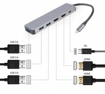 Концентратор USB-C USB-C PD 2xHDMI 3xUSB 3.0 Адаптер USB Type-C PD мощностью 100 Вт