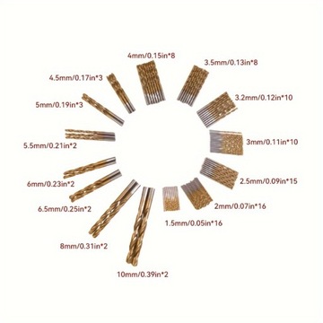 Набор из 50 сверл с прямым хвостовиком из стали с титановым покрытием.