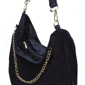 Laura Biaggi czarna torebka worek z łańcuchem zamszowa skóra ekologiczna
