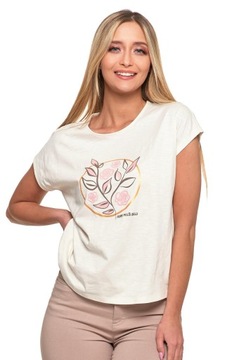 ФУТБОЛКА ЖЕНСКАЯ, ПРИНТ ЛИСТ, ХЛОПОК, БЕЛЫЙ ЭКРЮ MORAJ L