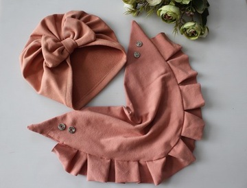 Zestaw czapka kokarda turban chusta 52-54 ok 6 lat+ herbaciany róż wio/jesi