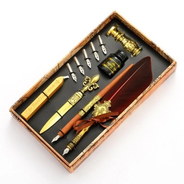Vintage Quill Feather Dip Pen Fountain Writing Ink 5 Nibs Seal Wax Gift