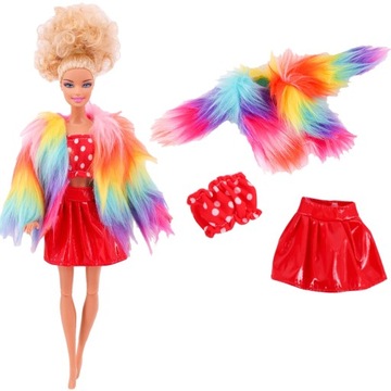 DLA LALKI BARBIE DAMSKIE UBRANIE ZESTAW TĘCZOWE FUTERKO SPODNICZKA TOP