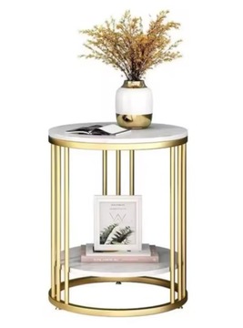 STOLIK KAWOWY BIAŁY MARMUR GLAMOUR DO SALONU ZŁOTY OKRĄGŁY GLAMOUR LOFT