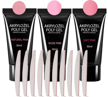 ZESTAW 3 x 30 ml AKRYLOŻEL BUDUJĄCY ACRYLGEL POLY GEL 10 szt PILNIK ŁÓDKA
