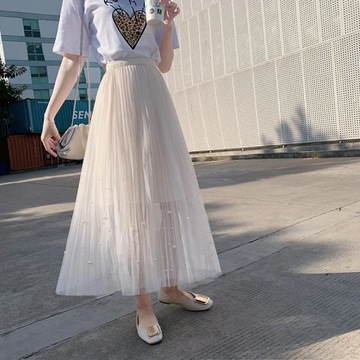 Gauze Beading Long Skirt Women Elastic High Waist