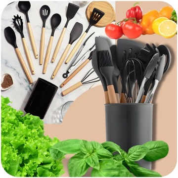 НАБОР КУХОННОЙ ПОСУДЫ СИЛИКОНОВАЯ ДЕРЕВЯННАЯ КУХОННАЯ ПОСУДА 12 EL