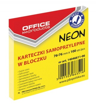 KARTECZKI SAMOPRZYLEPNE 76X76 OFFICE NEON ŻÓŁTY