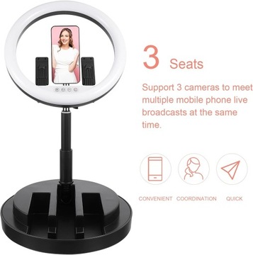 Кольцевая лампа для селфи с подставкой и держателями для телефона.