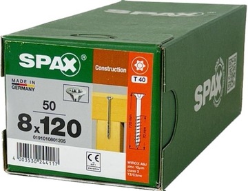 Wkręty uniwersalne do drewna 8 x 120mm SPAX WIROX BIT T-40 stożek 50szt