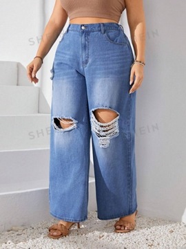 SHEIN CURVE SPODNIE JEANSY DAMSKIE NIEBIESKIE Z DZIURAMI SZEROKIE XL 438