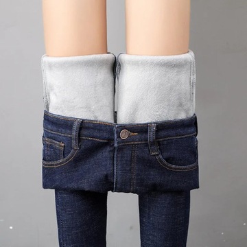 CIEPŁE SPODNIE damskie dżinsy termiczne zimowe ciepłe śnie pluszowe jeansy