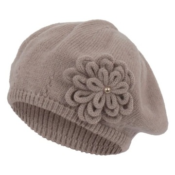 W339C Brązowy Damski modny beret z kwiatkiem