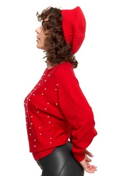 ЭЛЕГАНТНЫЙ ЖЕНСКИЙ ДЖЕМПЕР С ЖЕМЧУГОМ, РУКАВОМ КИМОНОН MORAJ RED L/XL