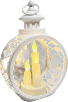 LAMPION Latarenka BIAŁA OKRĄGŁA 3x świece jasne światło LED Wys. 26cm