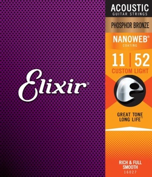 Struny do gitary akucztycznej 11 Elixir 16027 Nanoweb Phosphor Bronze 11-52