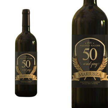 ETYKIETA na Wino Prezent na 50 Urodziny Złoty Laur