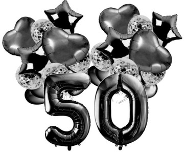 BALONY zestaw 50 ROCZNICA ŚLUBU CZARNE SERCA 100cm