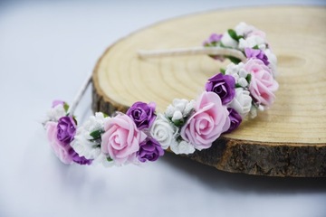 OPASKA różówa wianek komunijny kwiaty fioletowe na głowę na komunije wesele