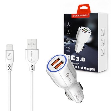 ŁADOWARKA SAMOCHODOWA 3A+2A BIAŁA + KABEL IPHONE SOMOSTEL 3100mA + 2100mA 2