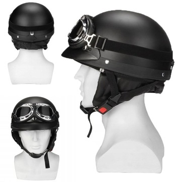 SKÓRZANY KASK MOTOCYKLOWY RETRO OTWARTY HEŁM PÓŁTWARZOWY DO SKUTERA + GOGLE
