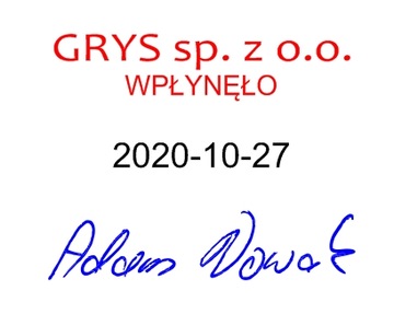 Datownik z tekstem i odręcznym podpisem Faksymile