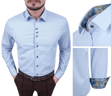Koszula męska niebieska wizytowa SLIM - ozdobne guziki i mankiety - XL