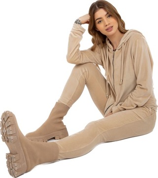 DRES damski WELUROWY z KAPTUREM rozpinany WELUR komplet F087 beżowy L/XL