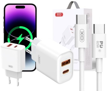 ZESTAW | SZYBKA ŁADOWARKA SIECIOWA PD TYPE-C| QC3.0 USB + KABEL TYPE C 60W