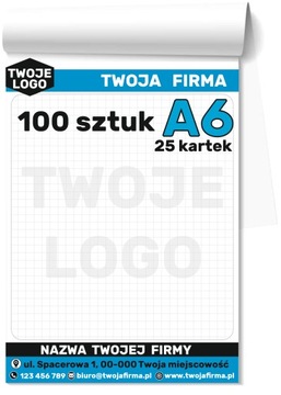 NOTESY klejone 25-kartkowe A6 BLOCZKI reklamowe z Nadrukiem LOGO 100 sztuk