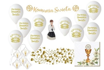 BALONY zestaw na I KOMUNIA ŚW. dekoracja komunijna świece serwetki figurka